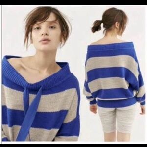 Free People Cassidy Off-The-Shoulder Striped Sweater - Cobalt Blue/Tan - Size XS